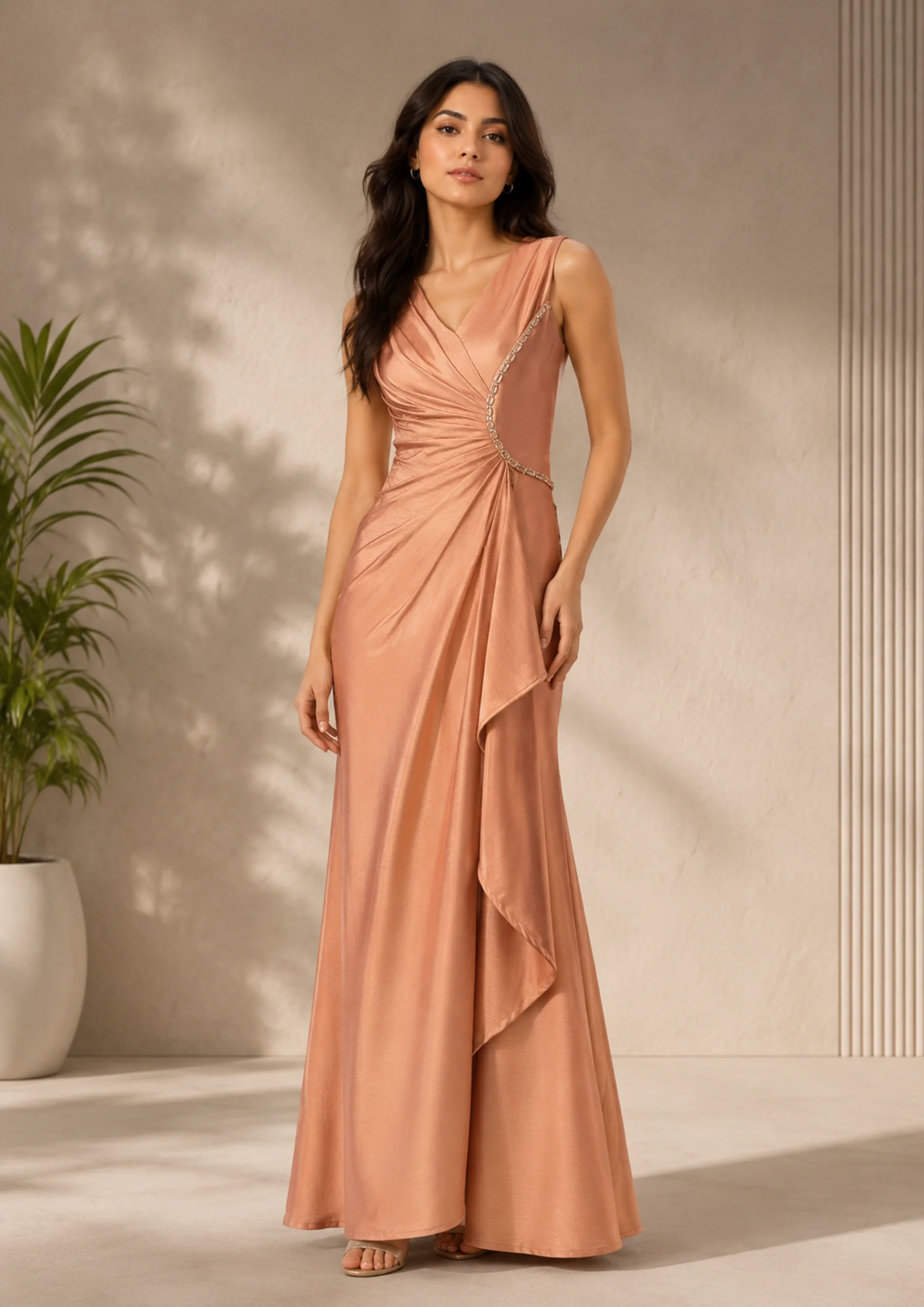 Ruched Draped Party Wear With Crystal Detail