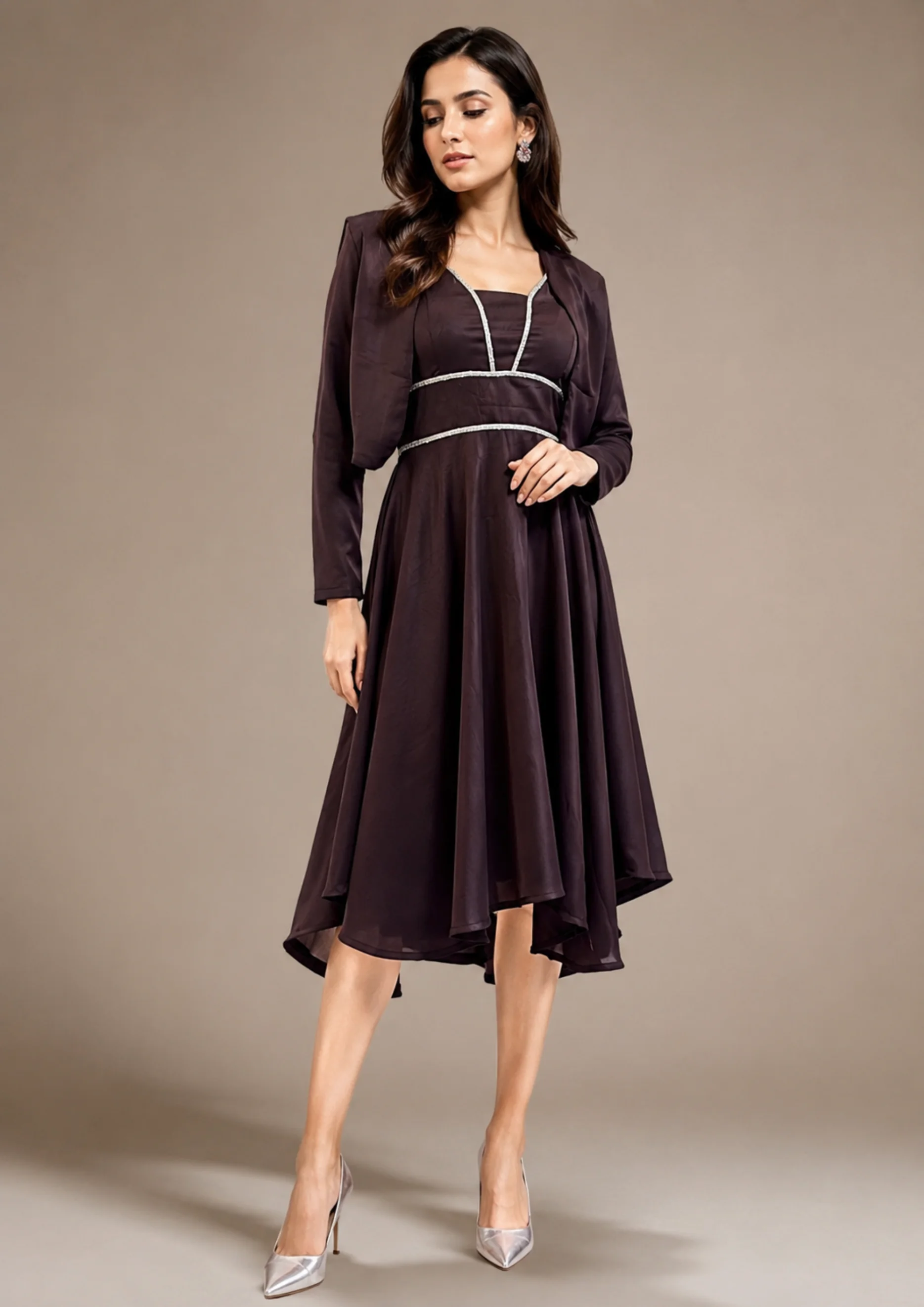 Embellished Fit & Flare Party Wear With Shrug