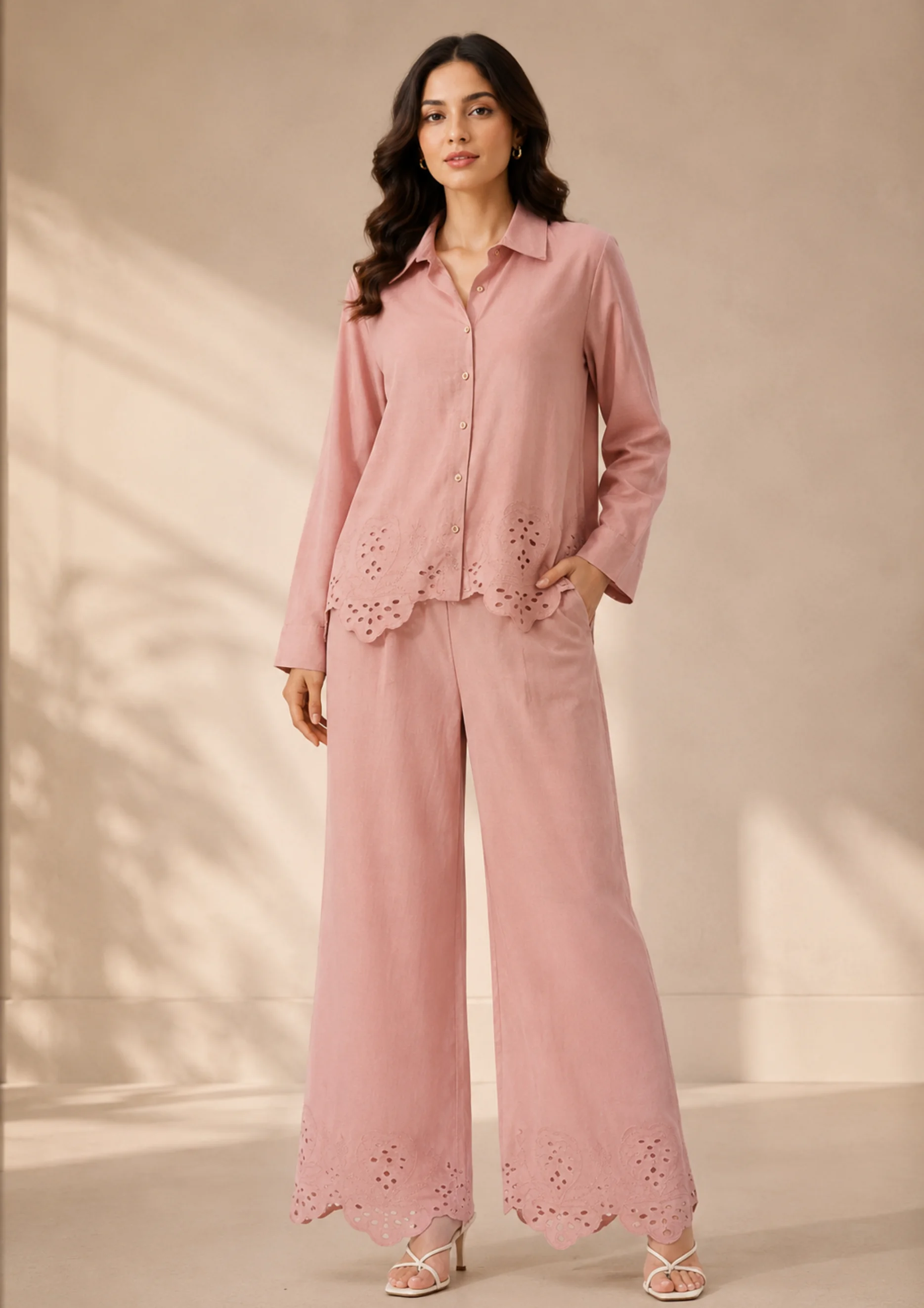 Embroidered Shirt & Wide-Leg Co Ord Set