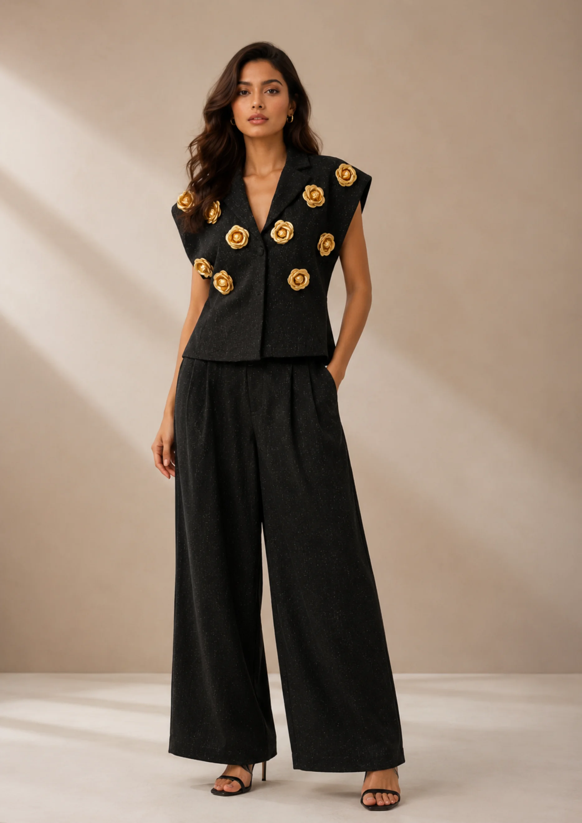 Floral Applique Wide-Leg Co Ord Set