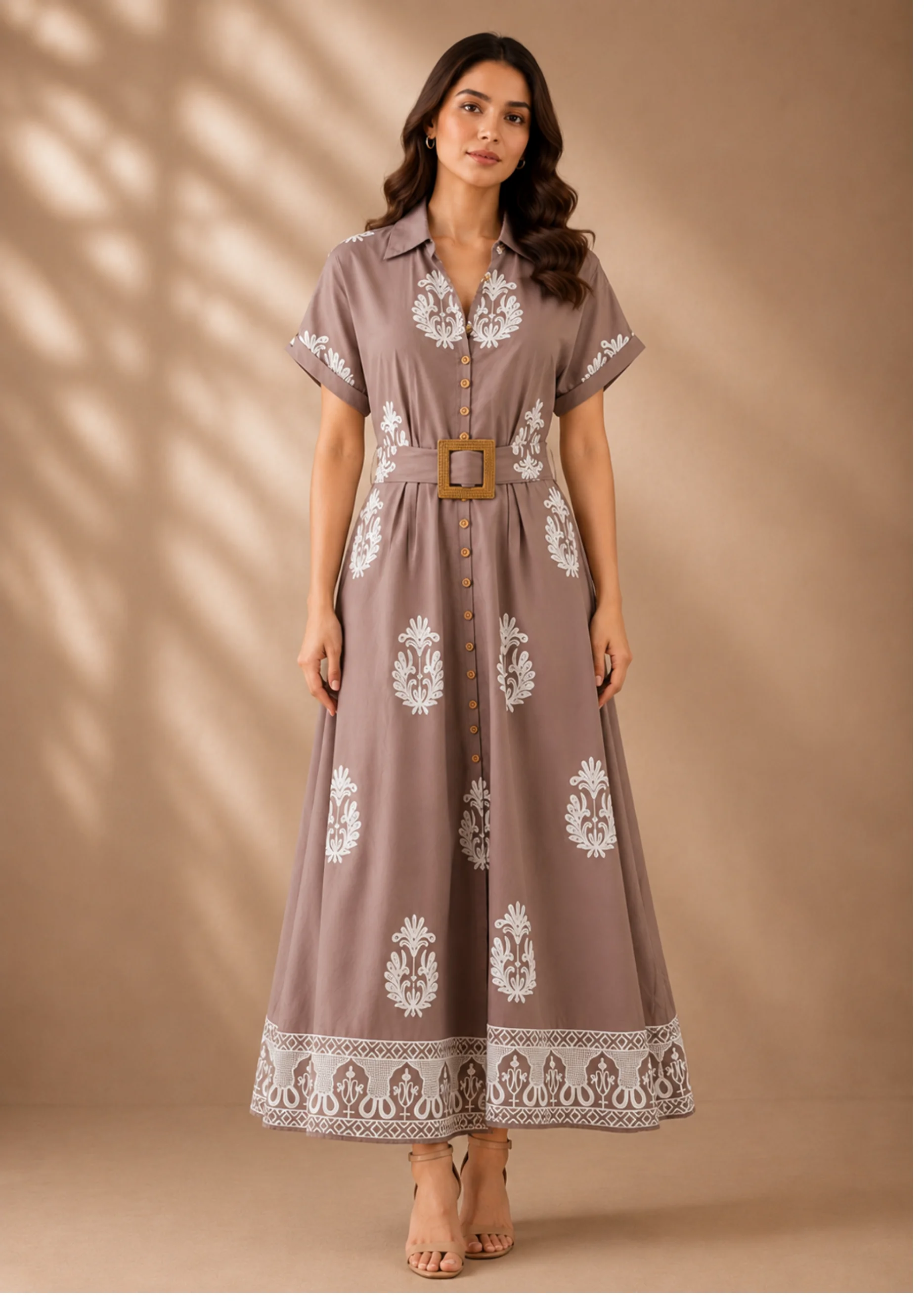 Printed Belted Shirt Maxi Dress