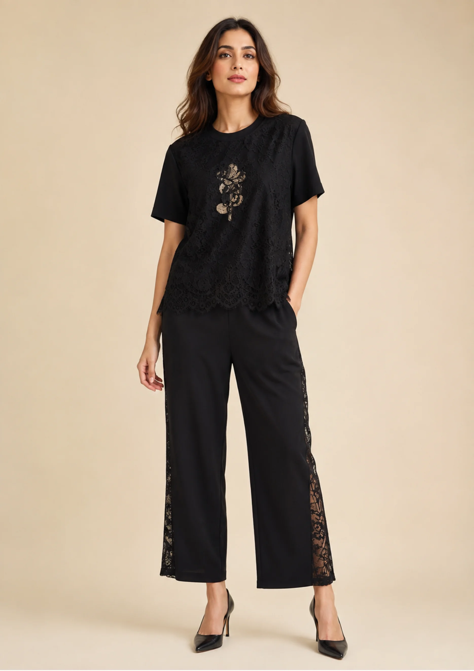 Lace Co Ord Set with Wide-Leg Pants