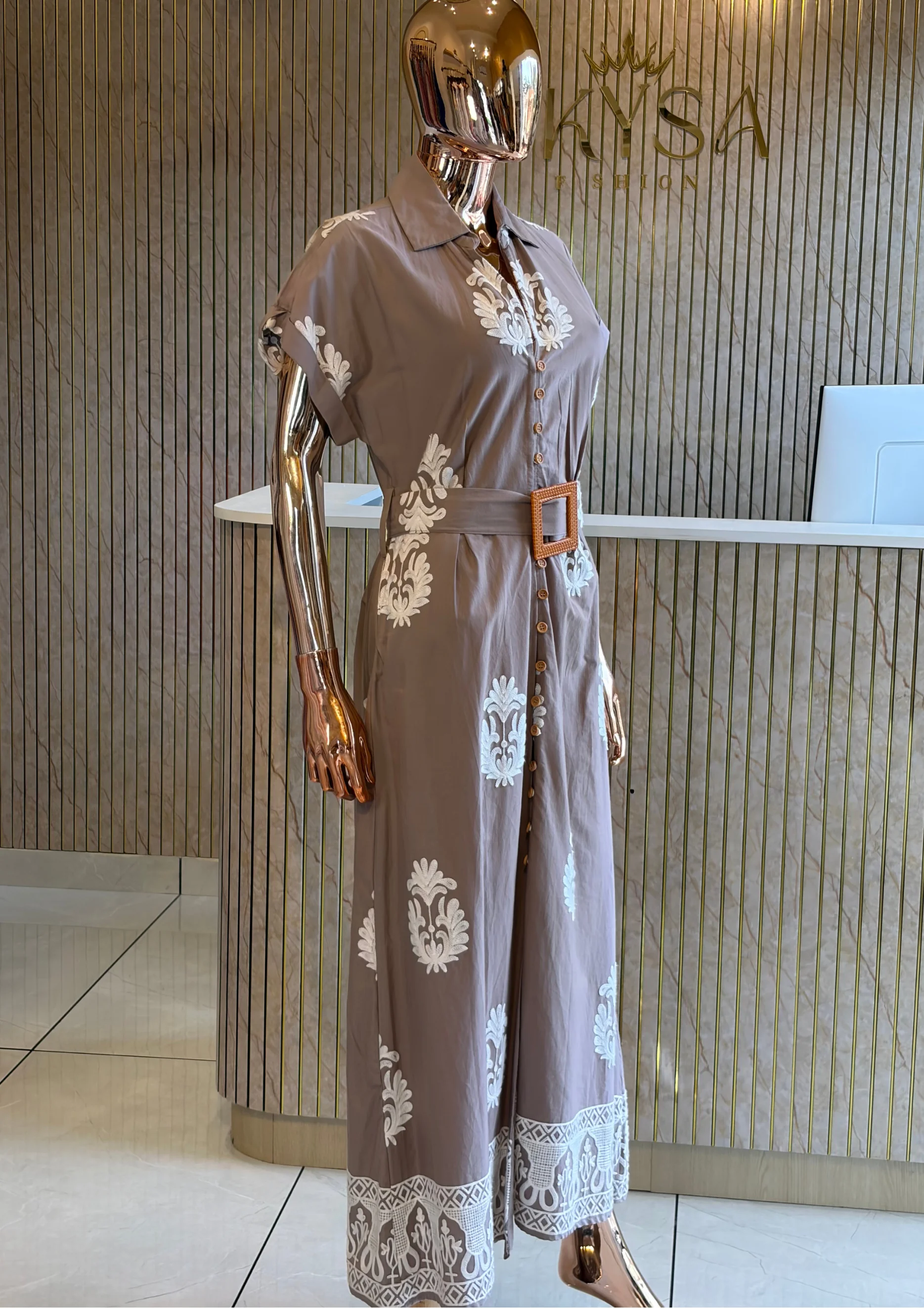 Printed Belted Shirt Maxi Dress
