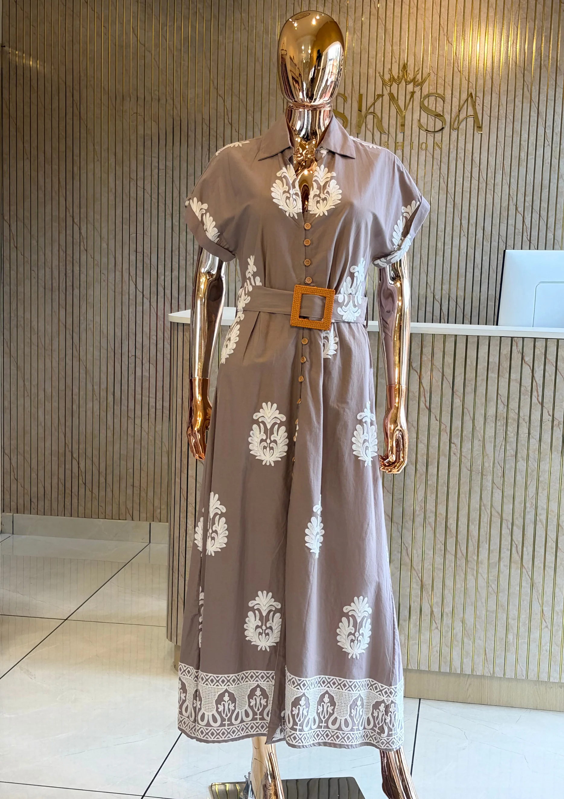 Printed Belted Shirt Maxi Dress
