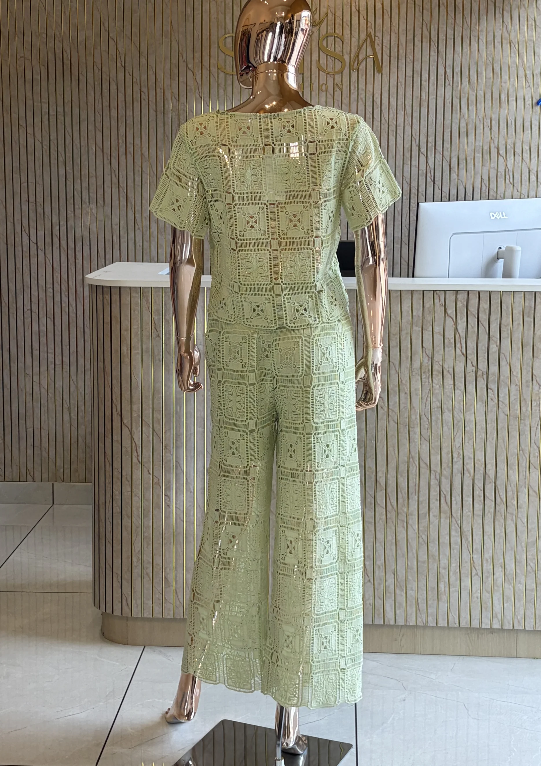 Lace Co Ord Set With Wide-Leg Pants
