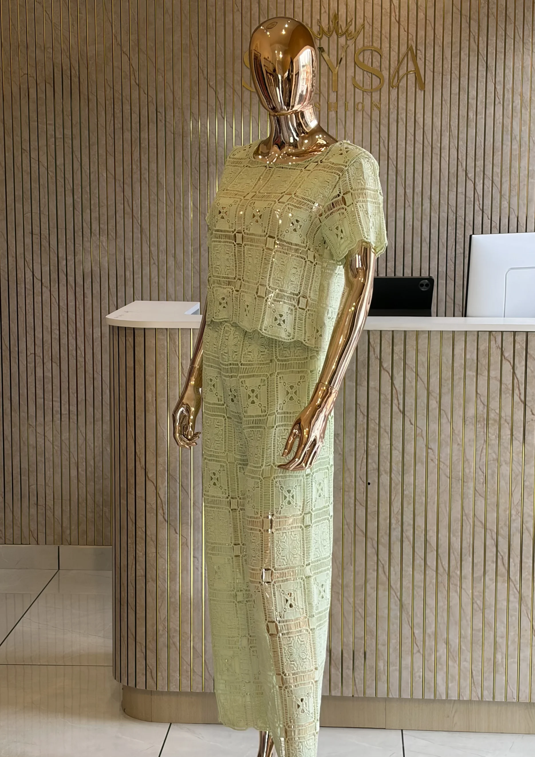 Lace Co Ord Set With Wide-Leg Pants