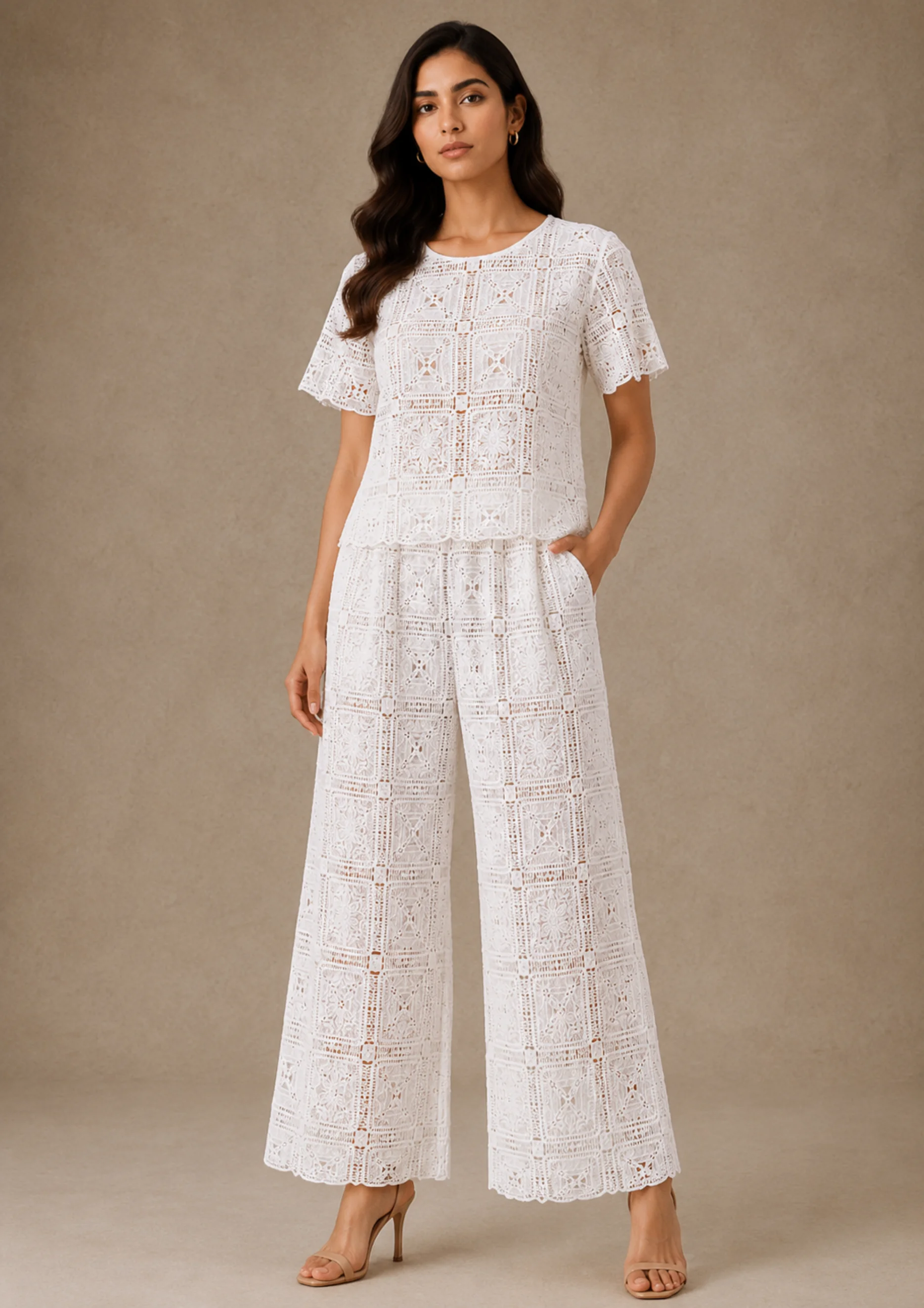 Lace Co Ord Set With Wide-Leg Pants