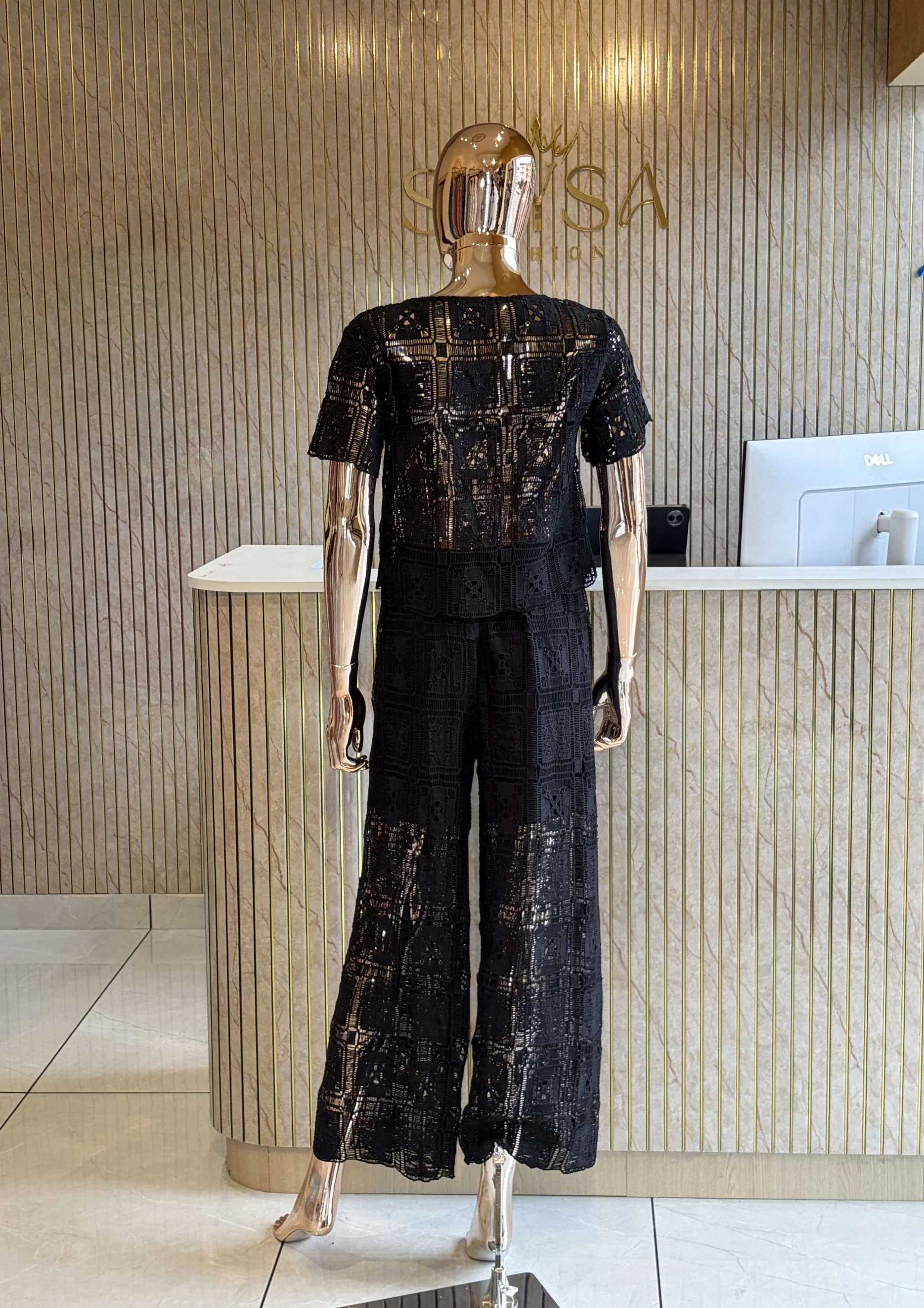 Lace Co Ord Set With Wide-Leg Pants