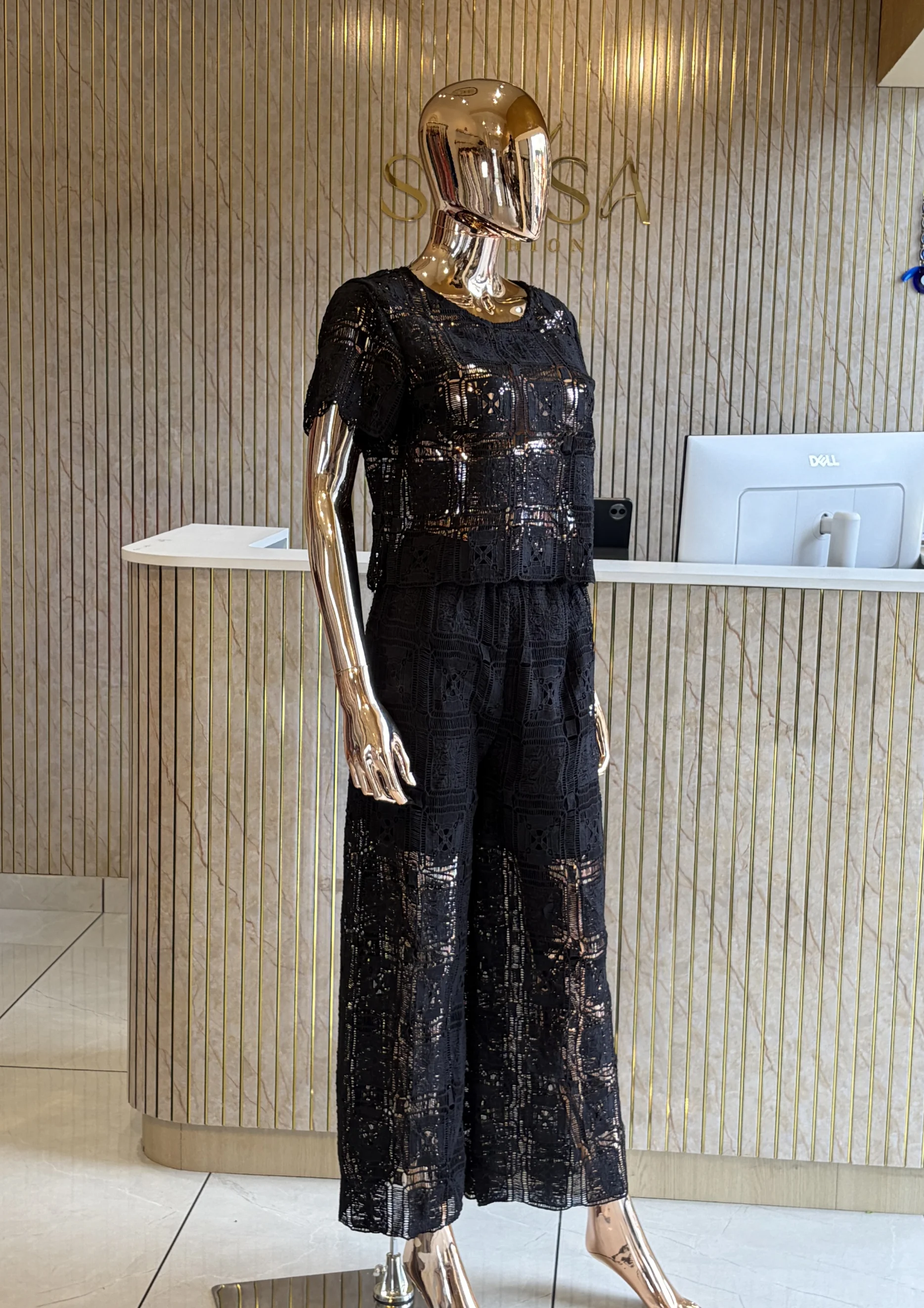 Lace Co Ord Set With Wide-Leg Pants