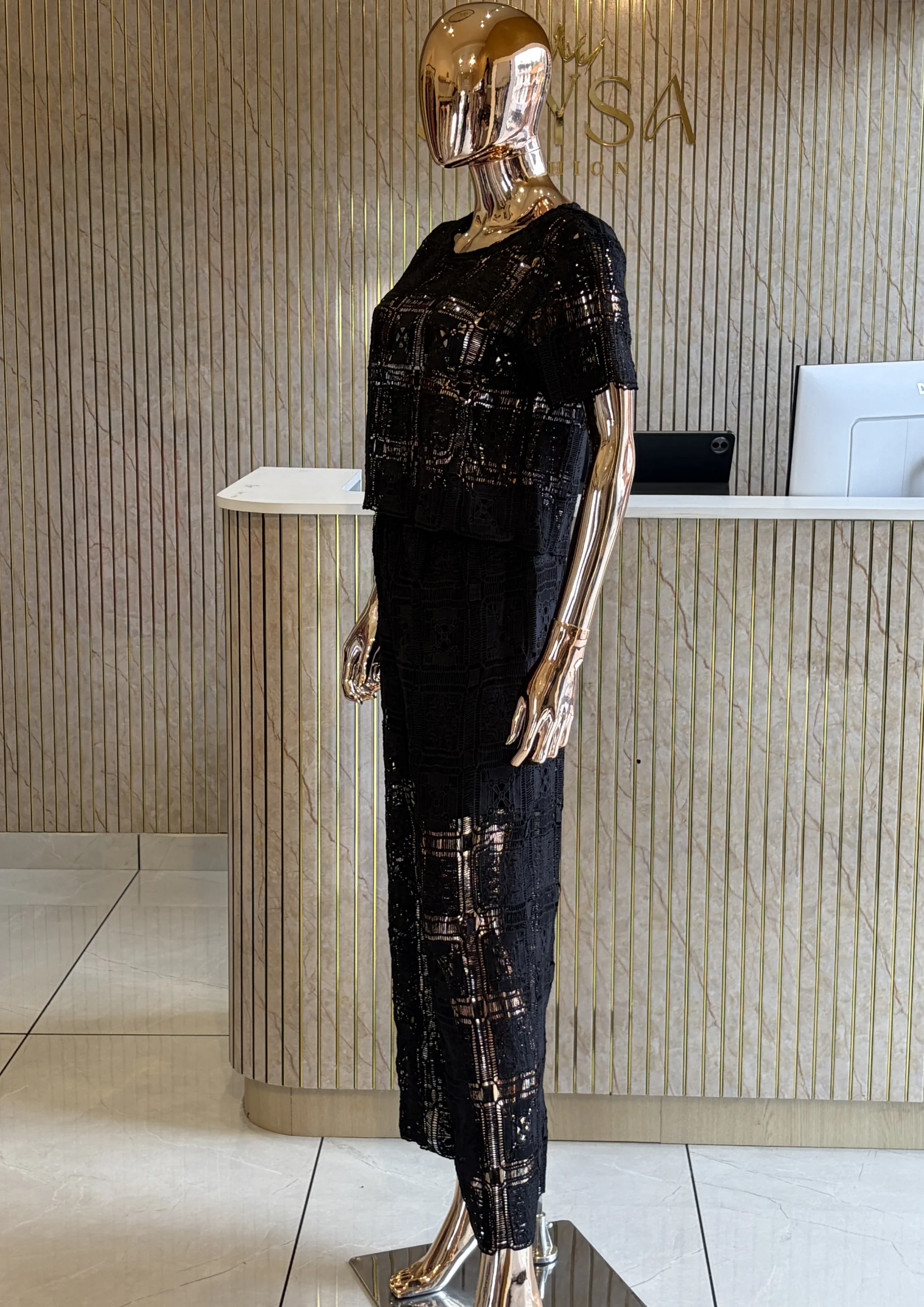 Lace Co Ord Set With Wide-Leg Pants