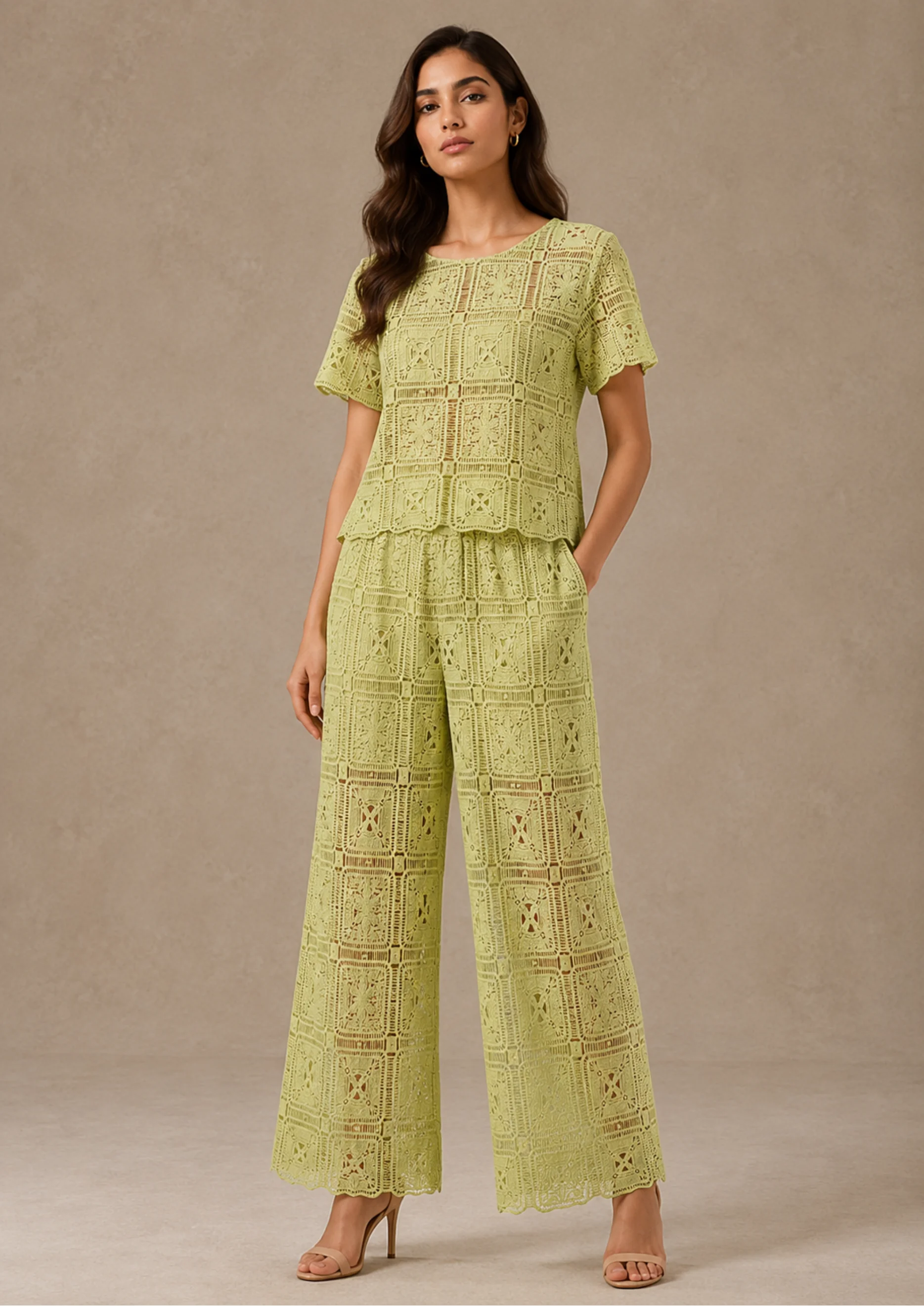Lace Co Ord Set With Wide-Leg Pants