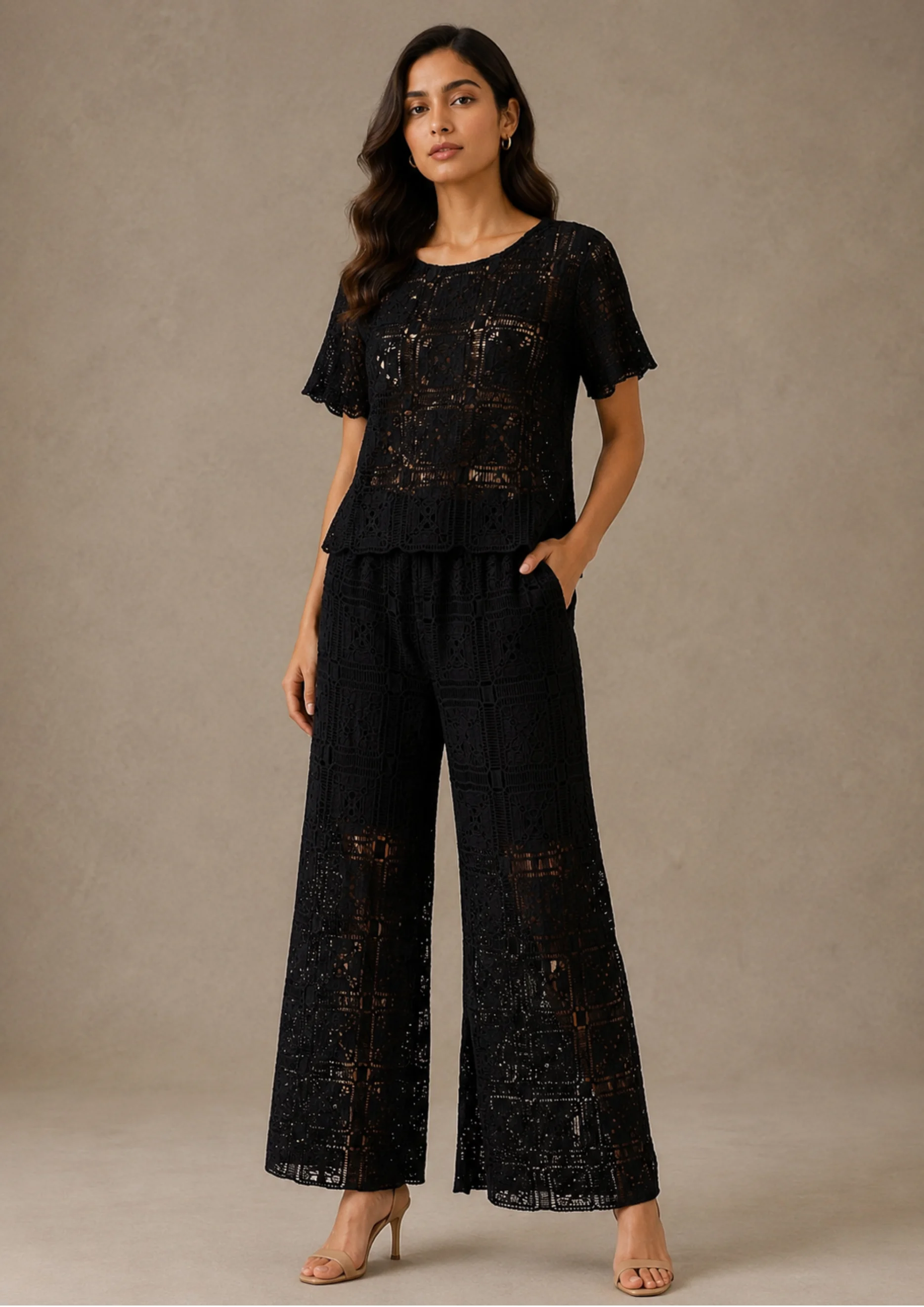 Lace Co Ord Set With Wide-Leg Pants