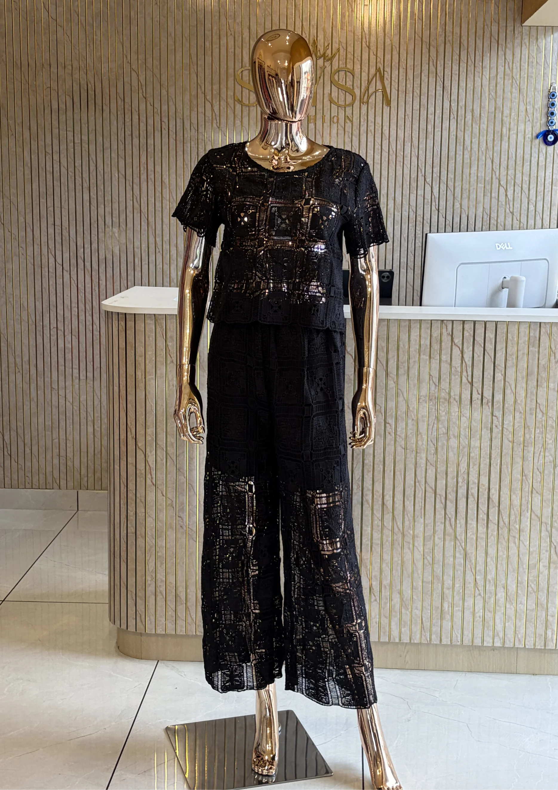 Lace Co Ord Set With Wide-Leg Pants