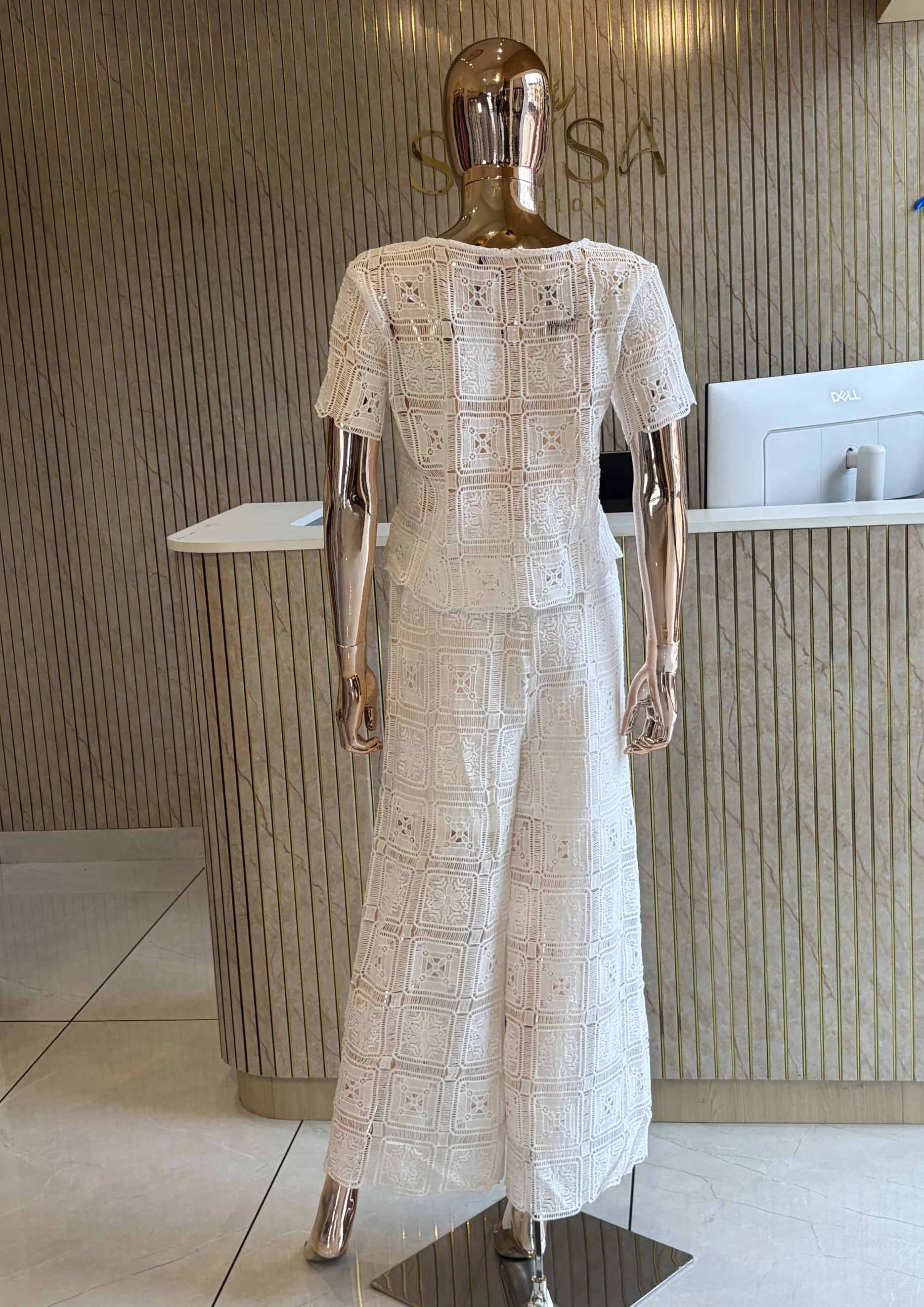 Lace Co Ord Set With Wide-Leg Pants