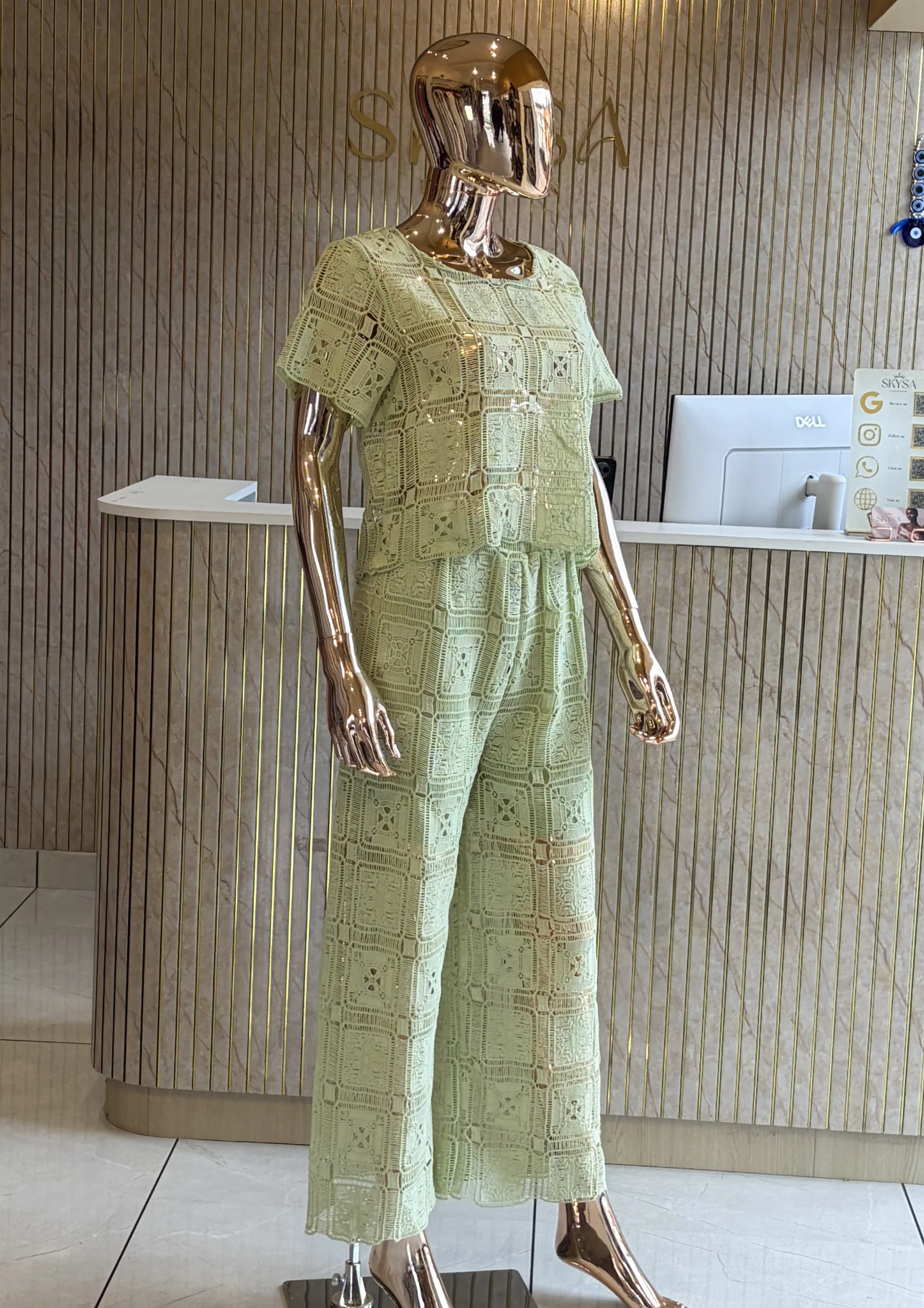 Lace Co Ord Set With Wide-Leg Pants
