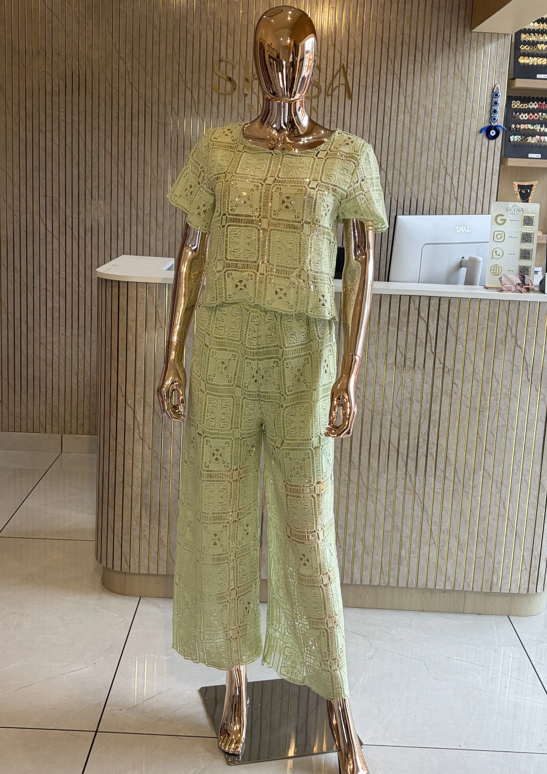 Lace Co Ord Set With Wide-Leg Pants
