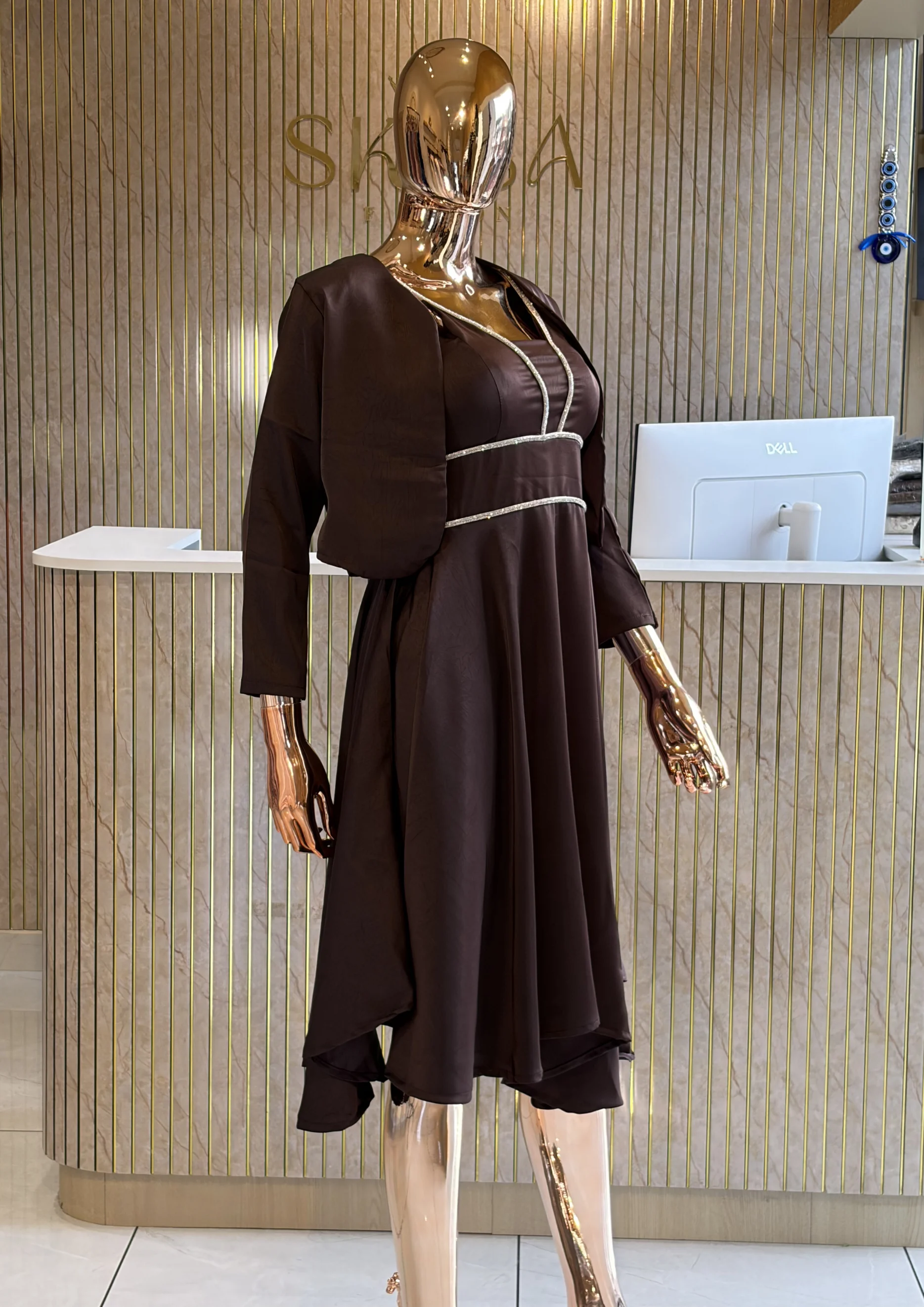 Embellished Fit & Flare Party Wear With Shrug