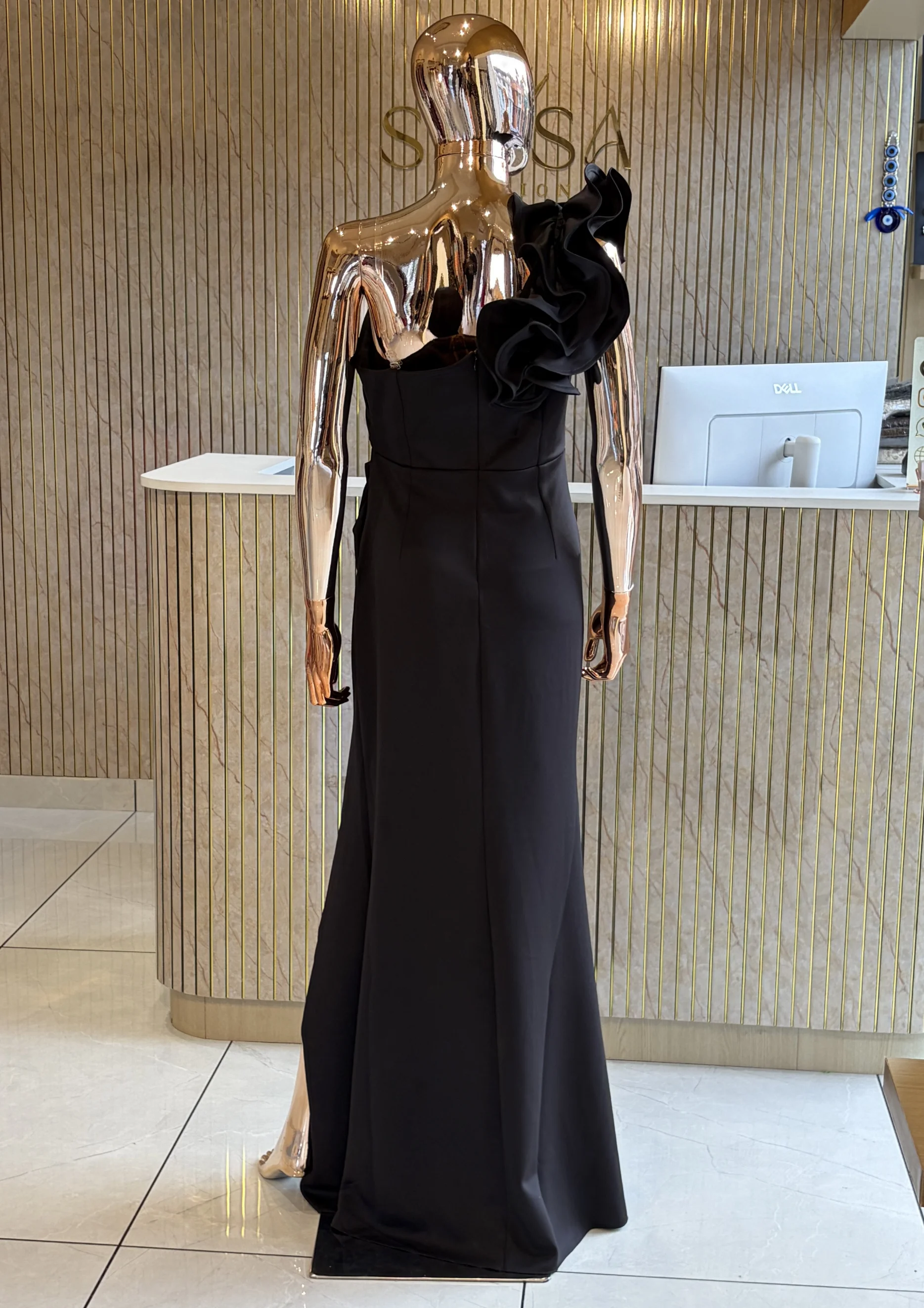 One-Shoulder Ruched Party Wear With Floral Detail