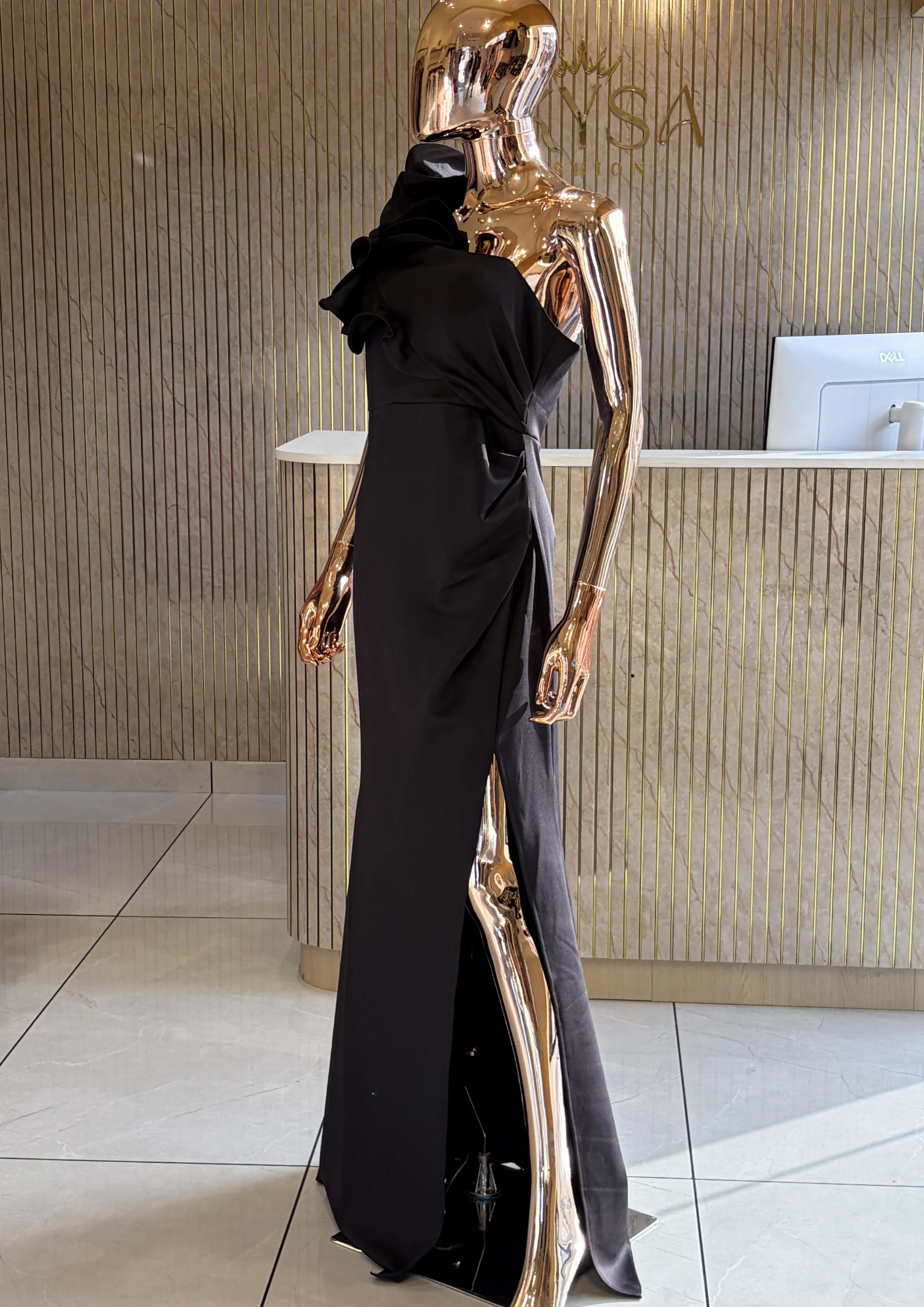 One-Shoulder Ruched Party Wear With Floral Detail