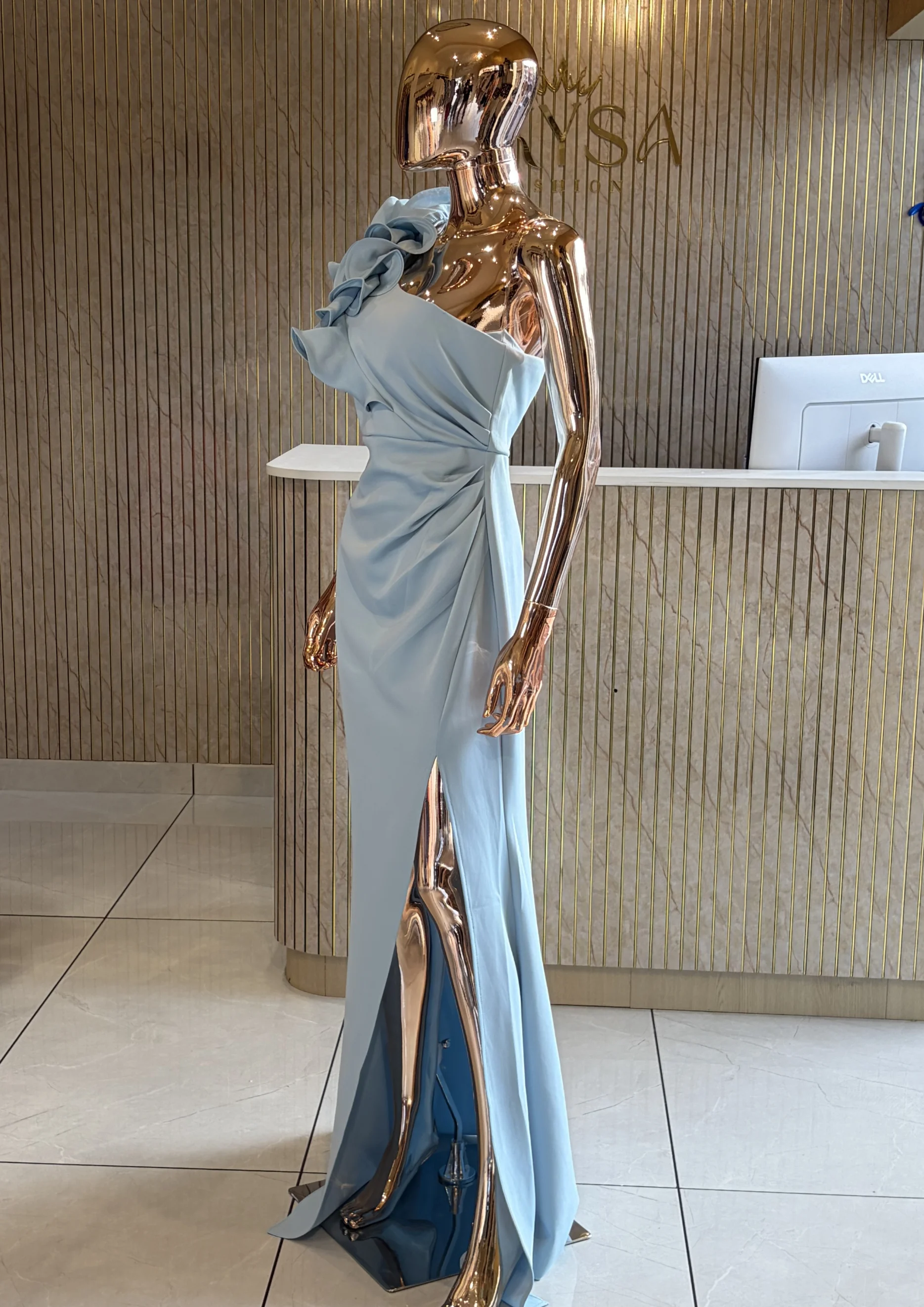 One-Shoulder Ruched Party Wear With Floral Detail