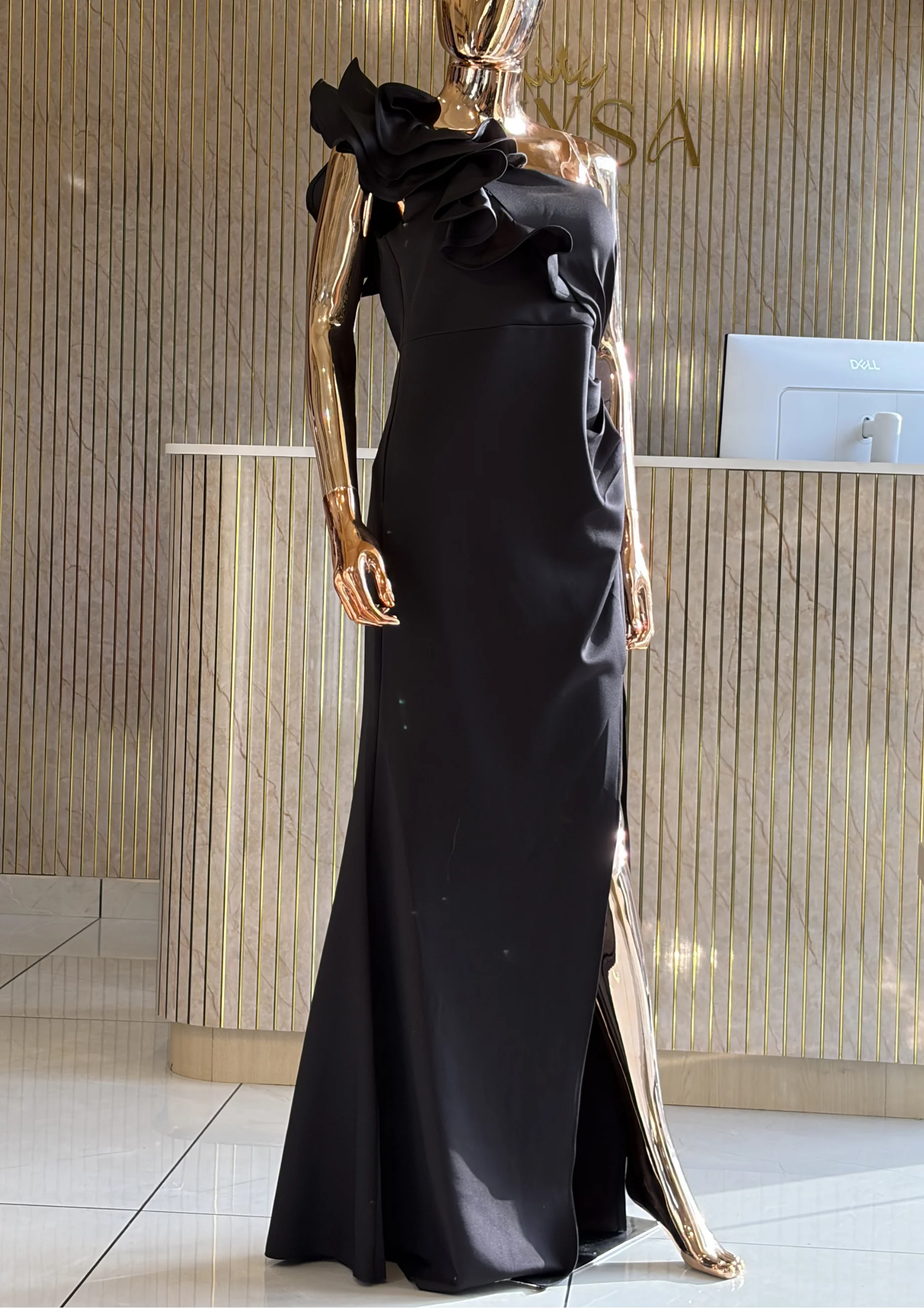 One-Shoulder Ruched Party Wear With Floral Detail