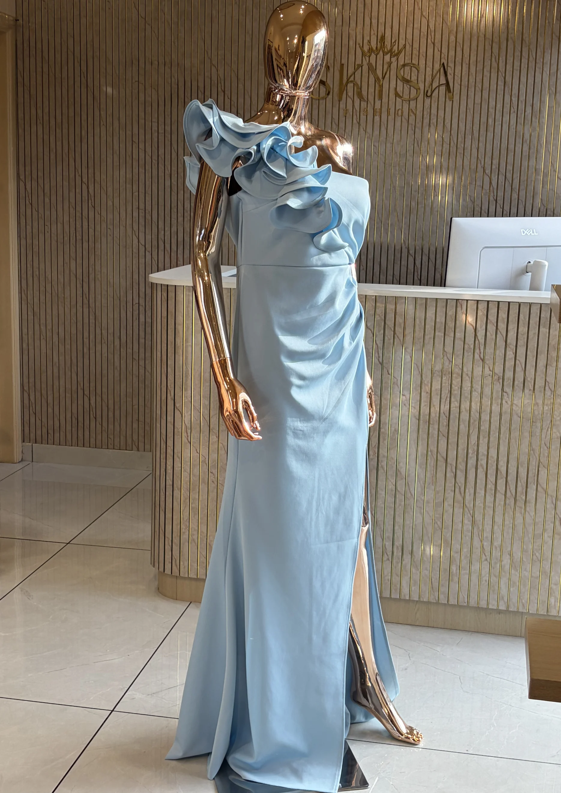 One-Shoulder Ruched Party Wear With Floral Detail