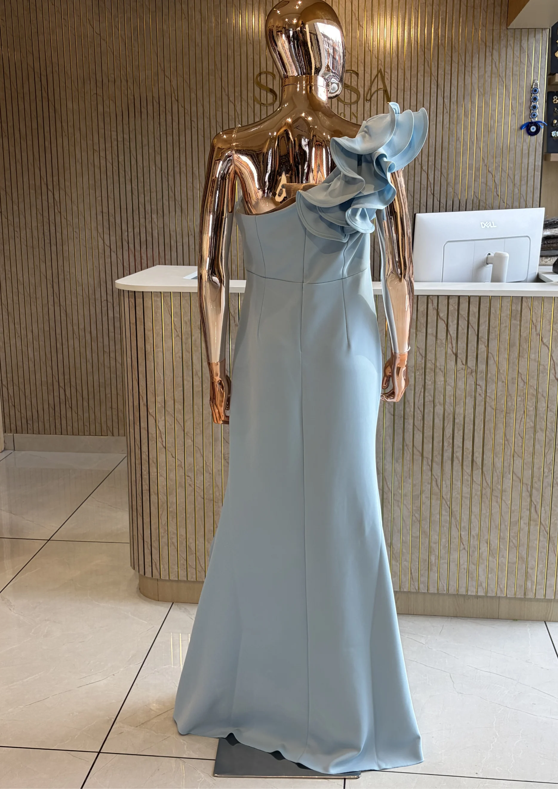 One-Shoulder Ruched Party Wear With Floral Detail