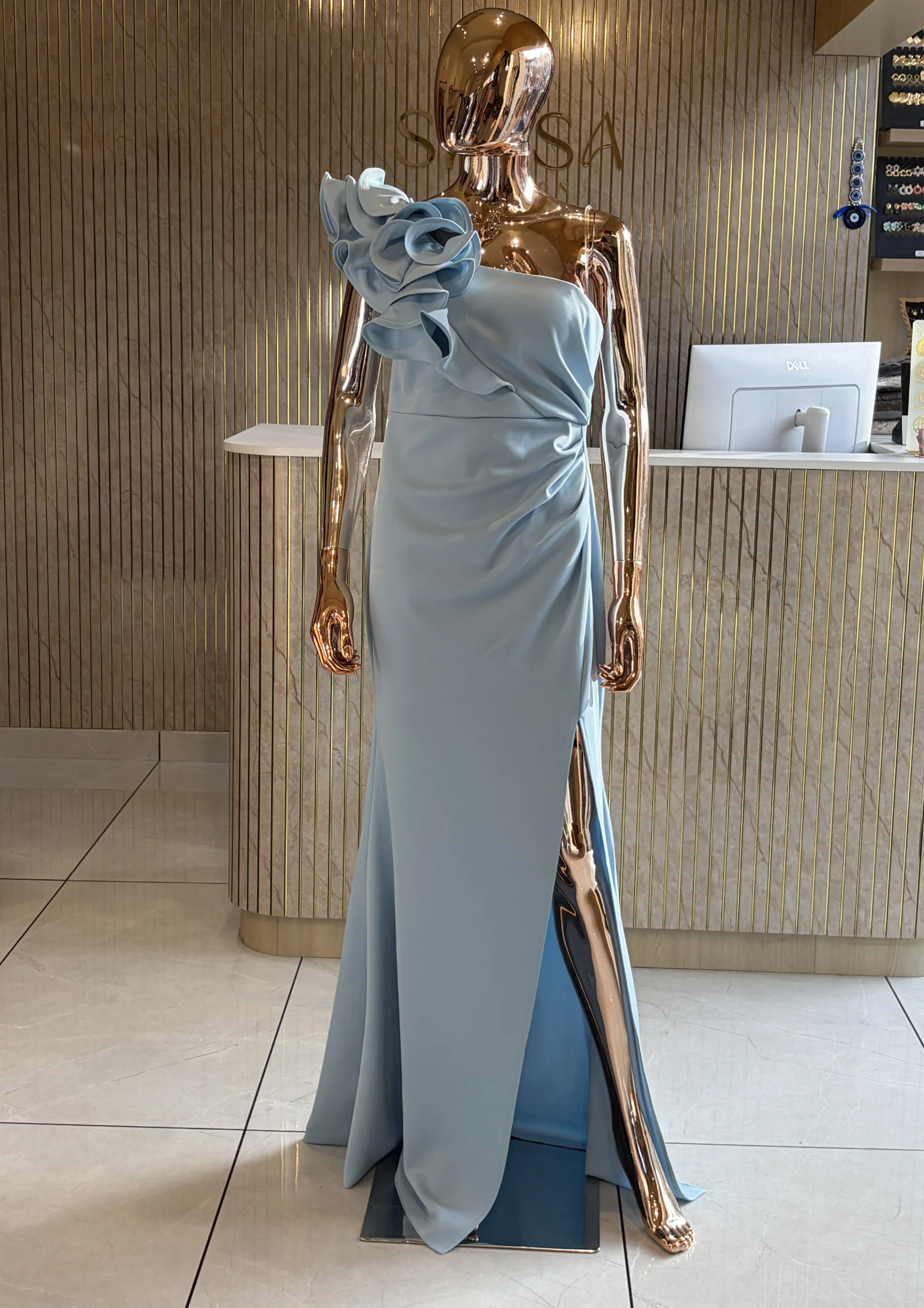 One-Shoulder Ruched Party Wear With Floral Detail