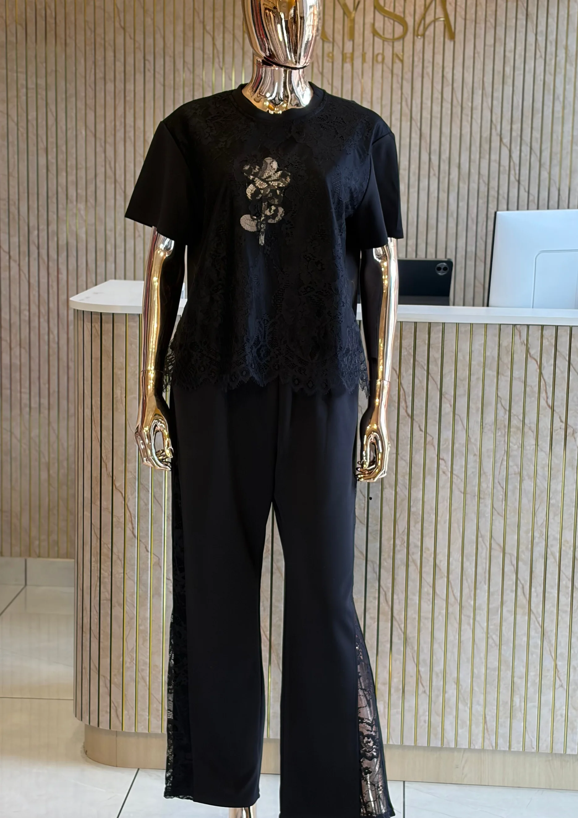 Lace Co Ord Set with Wide-Leg Pants
