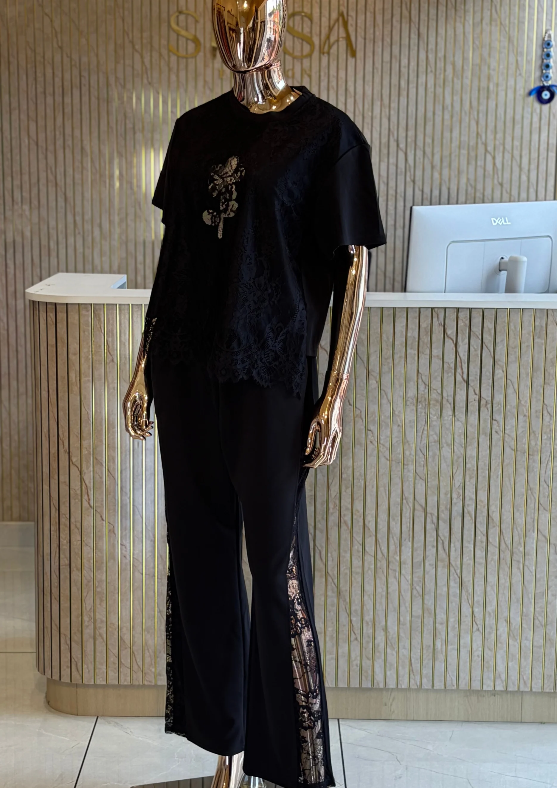 Lace Co Ord Set with Wide-Leg Pants