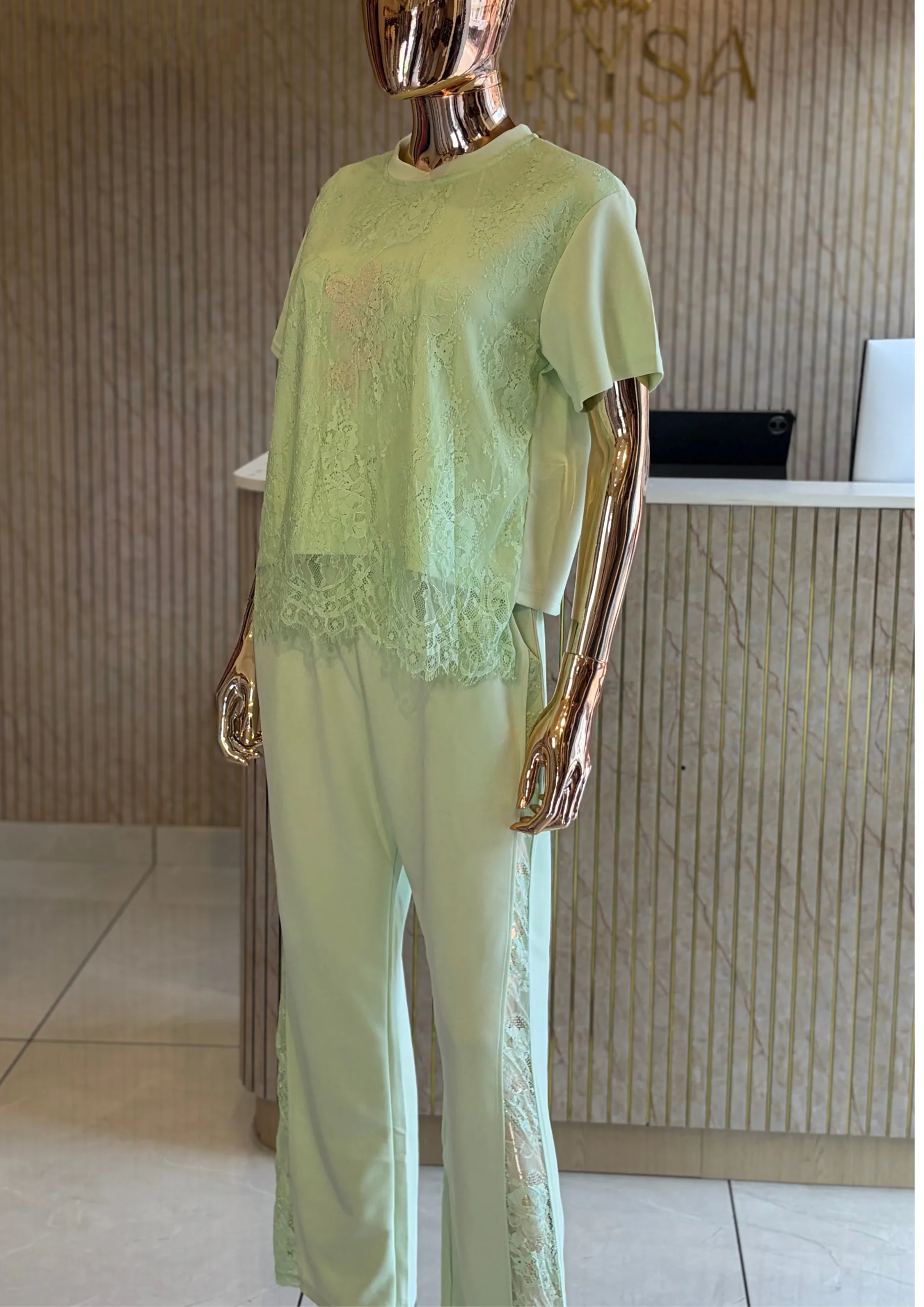 Lace Co Ord Set with Wide-Leg Pants