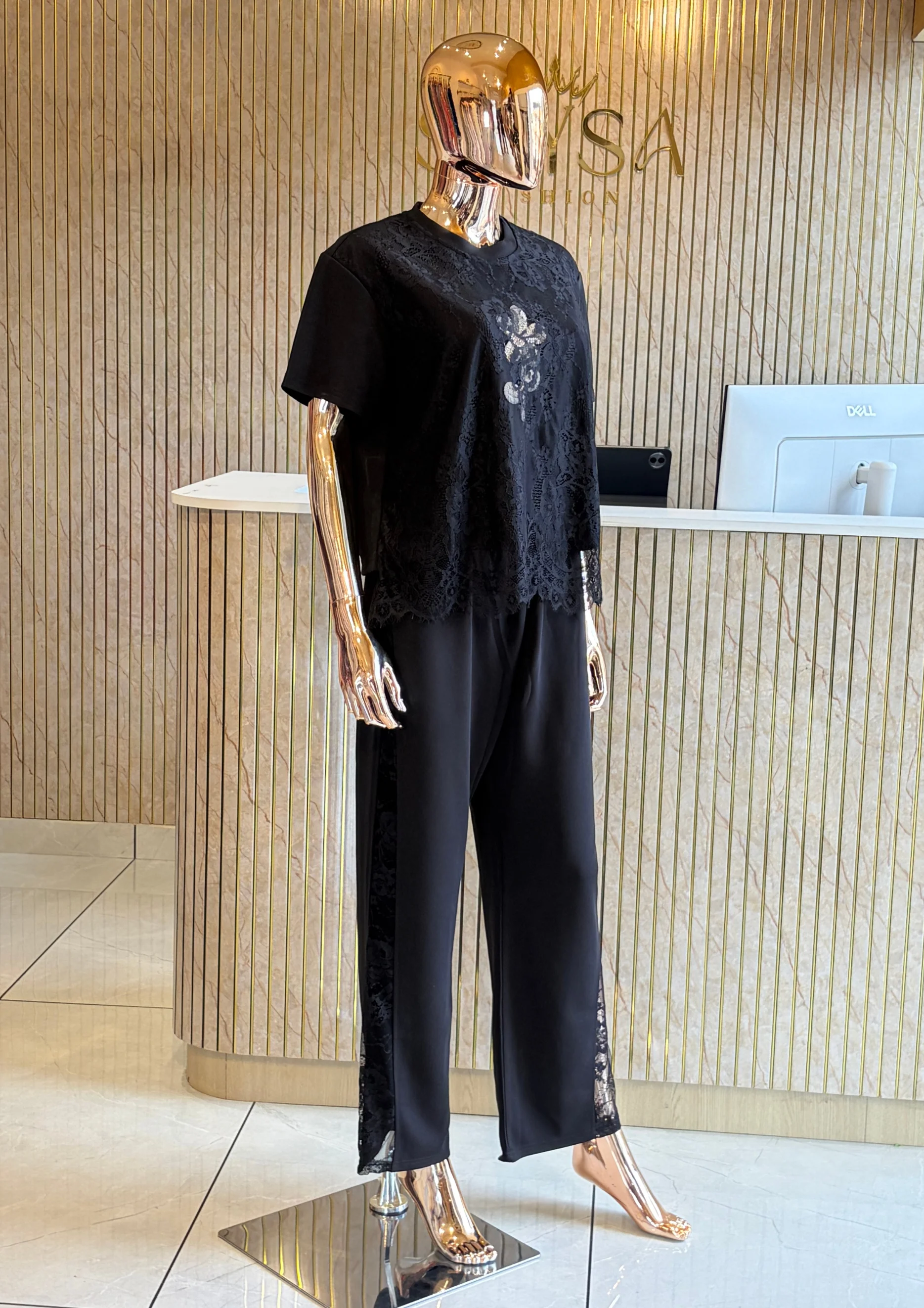 Lace Co Ord Set with Wide-Leg Pants
