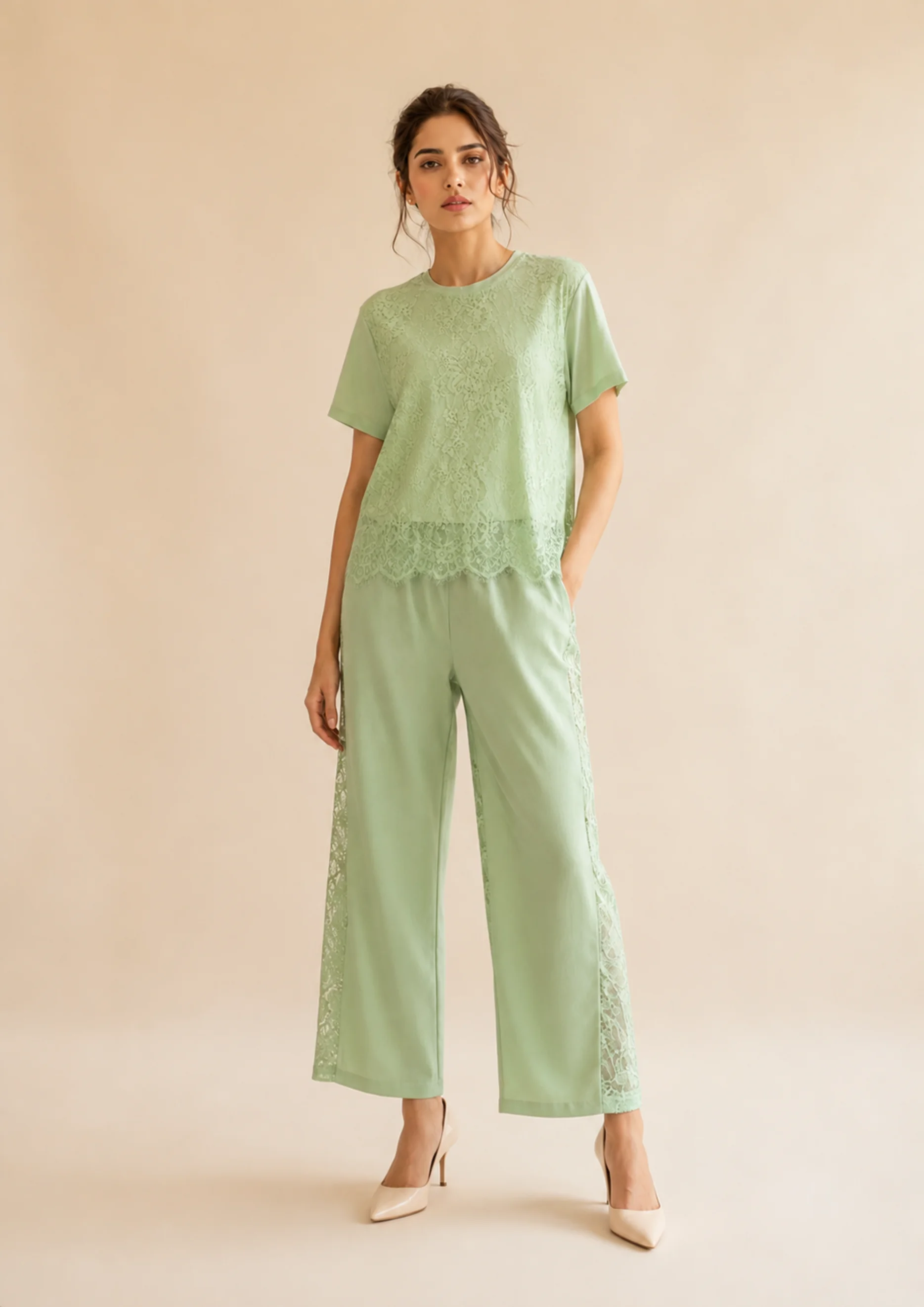 Lace Co Ord Set with Wide-Leg Pants